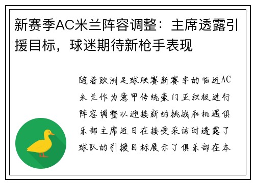 新赛季AC米兰阵容调整：主席透露引援目标，球迷期待新枪手表现